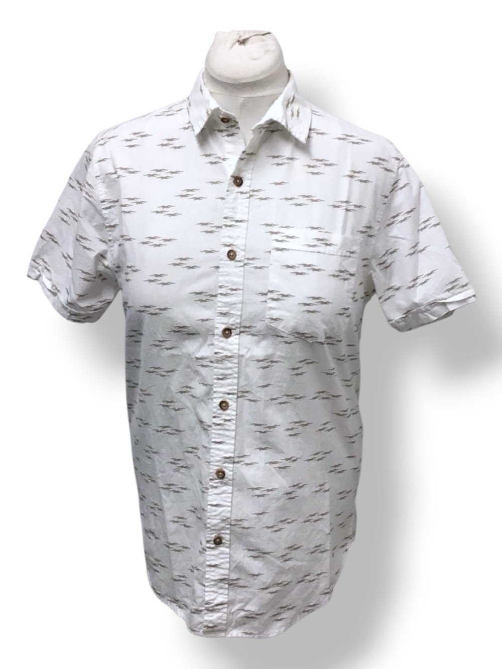 Plugg Mens Short Sleeve Button Down Casual Shirt White Tan Bird Pattern S